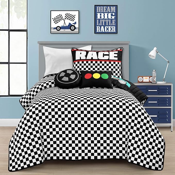 Lush Decor Racing Cars Reversible Quilt Twin Size 4 Piece Set Black & Multi - Toddler Bedding Set Twin Quilt - Car Decor