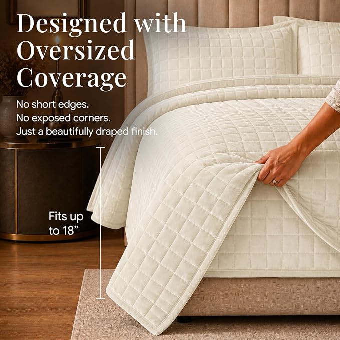 Tribeca Living Luxury Velvet Quilt Queen Size Set - 260GSM Ultra-Soft Oversized Velvet Bedspread Comforter Set with 2 Shams, in Florence Ivory