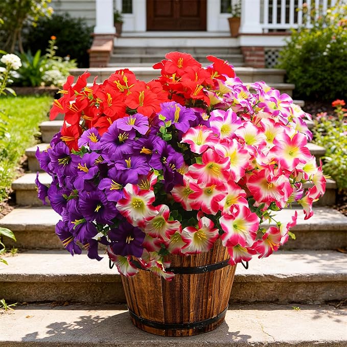 Artificial Flowers for Outdoors Fake Plants Outside, 16 Bundles Silk Morning Glory with Eucalyptus, UV Resistant Realistic Faux Flowers for Planters Porch Patio Garden Balcony Decor (4 Color)