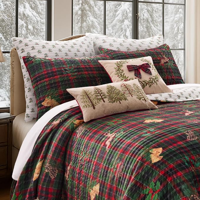 Levtex Home - Merry Tartan Euro Shams - Set of 2 (26x26in.) - Green Red White Sprigs - No Insert - Polyester