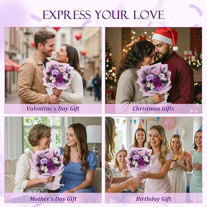Flowers for Delivery Prime Preserved Flowers Bouquet with Vase That Last 3-5 Years Real Forever Flowers Purple Rose Bouquet for Mom Mother Women Wife Friends Birthday Mothers Day Gifts