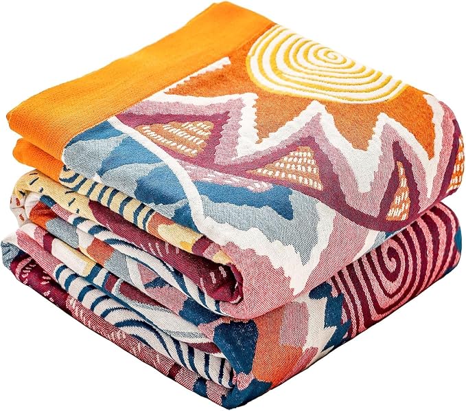 Boho Cotton Muslin Twin Size Bed Throws,100% Cotton Rustic 4 Layer Reversible Colorful Woven Blankets, Washable Breathable Mexican Decor Bed Blankets 60"×80" for Couch Sofa All Seasons
