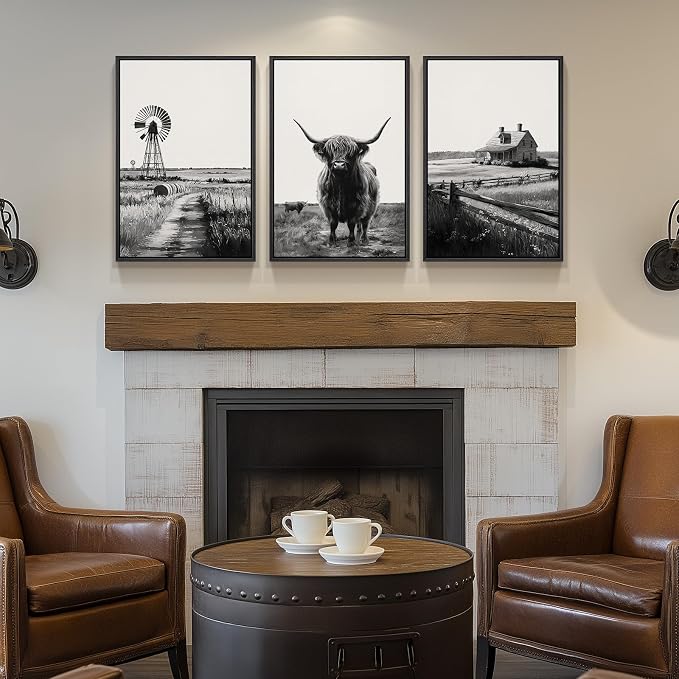 Framed Highland Cow Wall Art for Living Room, 3 Piece Black and White Farmhouse Canvas Artwork for Walls, Vintage Rustic Barn Western Farm Picture Prints for Bedroom Dining HallWay Wall Decor 16x24 In