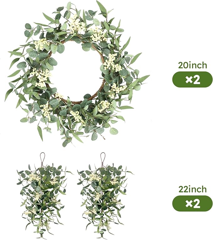 Pinkpum 20'' Eucalyptus Wreath 22'' Teardrop Swags Set 4 for Front Door Fireplace Hanging Porch Wall Home Window Kitchen Decor Farmhouse Garden Party Indoor Outdoor Summer Spring Fall All Seasons