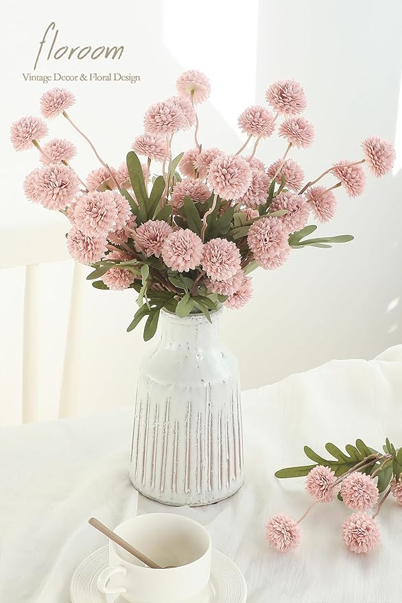 Floroom 5pcs Shabby Blush Faux Silk Mums Artificial Flowers, Bulk Fake Small Mini Chrysanthemums with Stems for DIY Wedding Centerpieces Floral Arrangements Vase Fillers Home Decorations