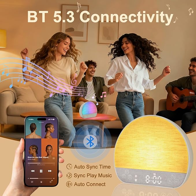 JONRRYIN Sunrise Alarm Clock Wake Up Light for Heavy Sleeper, 37 White Noise Sounds, Tap Snooze, Bluetooth Speaker, Remote Control, USB Port, 15 Color Dimmable NightLight for Bedroom