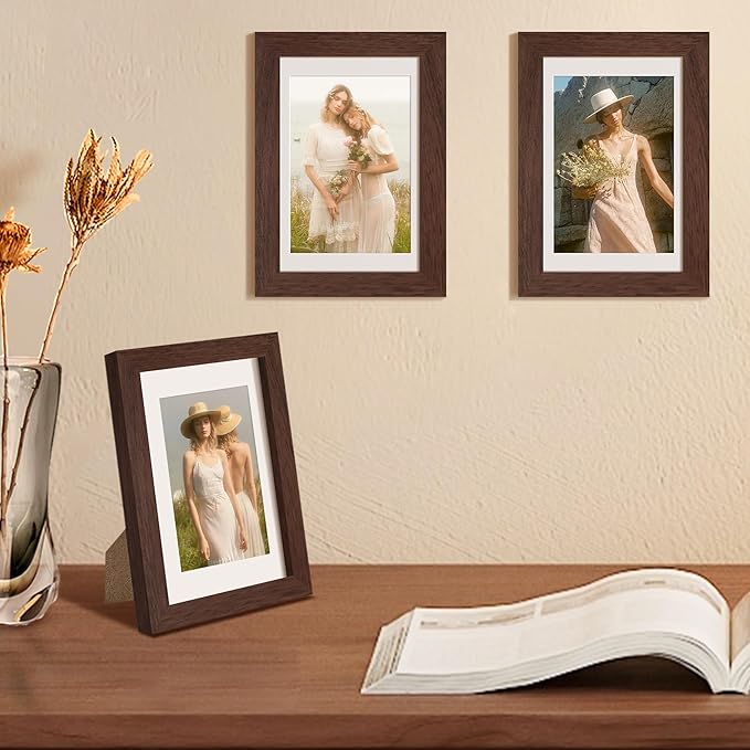 upsimples 4x6 Picture Frame, Display Pictures 3.5x5 with Mat or 4 x 6 Without, Wall Hanging Photo Frames, Brown, 1 Pack