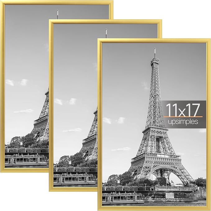 upsimples 11x17 Picture Frame Gold 3 Pack, Scratch-Proof 11 x 17 Poster Frames for Photo Gallery - Slide-In Strips, Horizontal or Vertical Wall Mounting