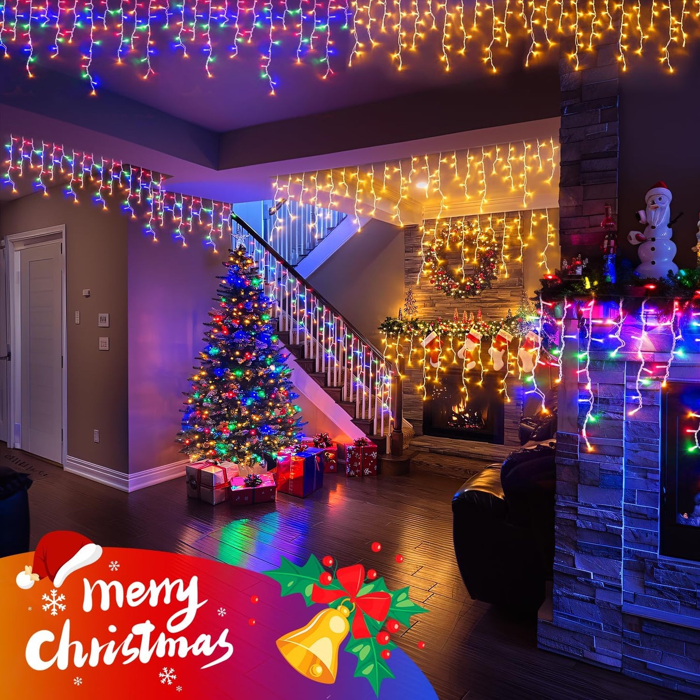 JMEXSUSS Color Changing Outdoor Waterproof Icicle Lights, 400 LED with Remote, Warm White to Multicolor for Christmas Eaves Party Decorations