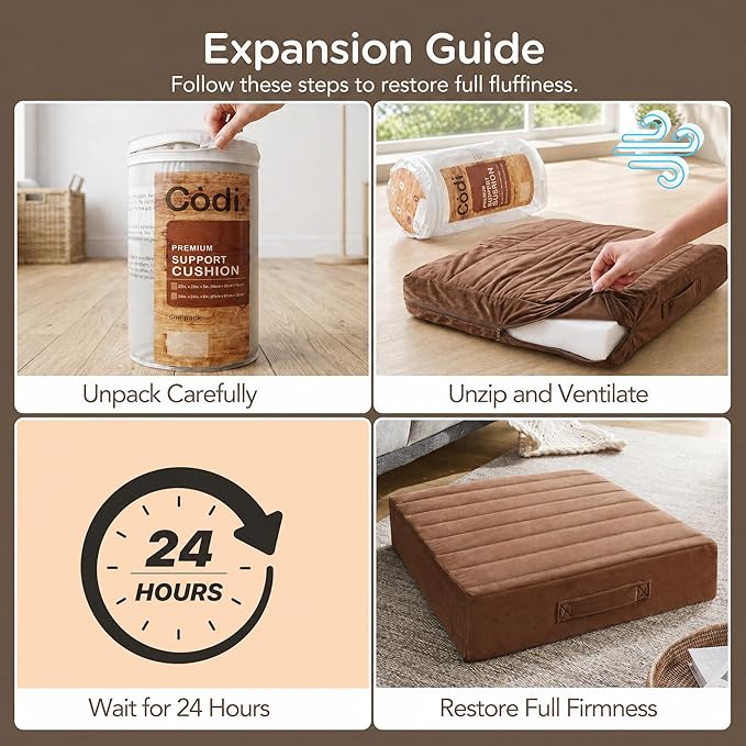 Codi Thick Replacement Couch Cushions 2 Sets, Upholstery Foam with Washable Covers for Sofa Cushion Chair Meditation - 24 × 24 × 5 Inch, High Density Foam, Coffee