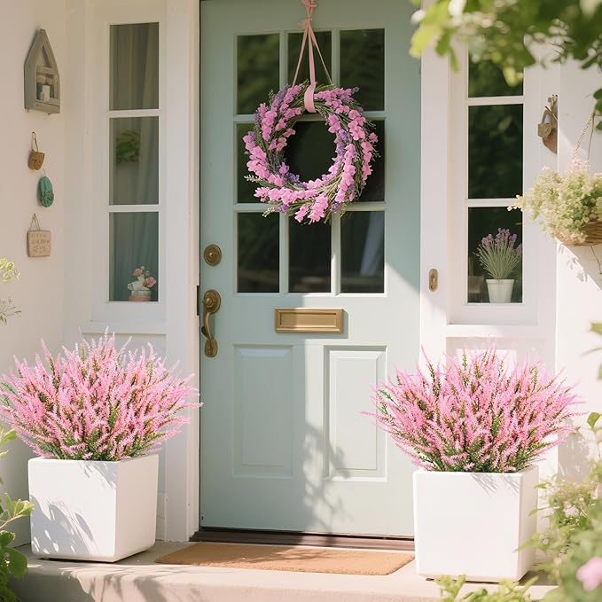 Ouddy Decor 12 Bundles Artificial Lavender Fake Flowers Faux Plastic Plants for Home Wedding Kitchen Garden Patio Window Box Office Table Centerpieces Indoor Outdoor Decor, Pink