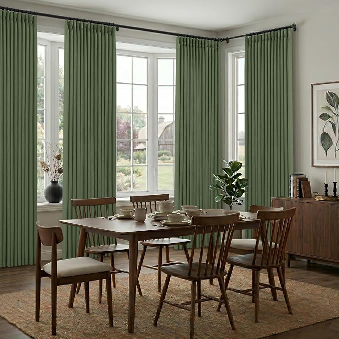 Pinch Pleated Linen Curtains 90 Inch, 2 Panels Premium 400GSM Memory Trained Semi Sheer Light Filtering Window Drapes for Living Room Bedroom Dining, Back Tab & Adjustable Hooks Rings, Olive Green