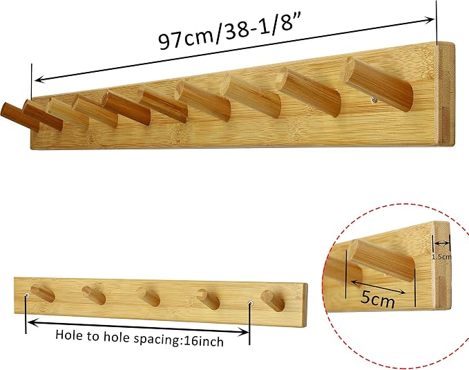 WEBI Coat Rack Wall Mounted, 10 Hooks, 38" Long Coat Hanger Wall Mount, Peg Rail Hat Hooks for Hanging Caps, Jackets, Clothes, Natural, 2 Packs