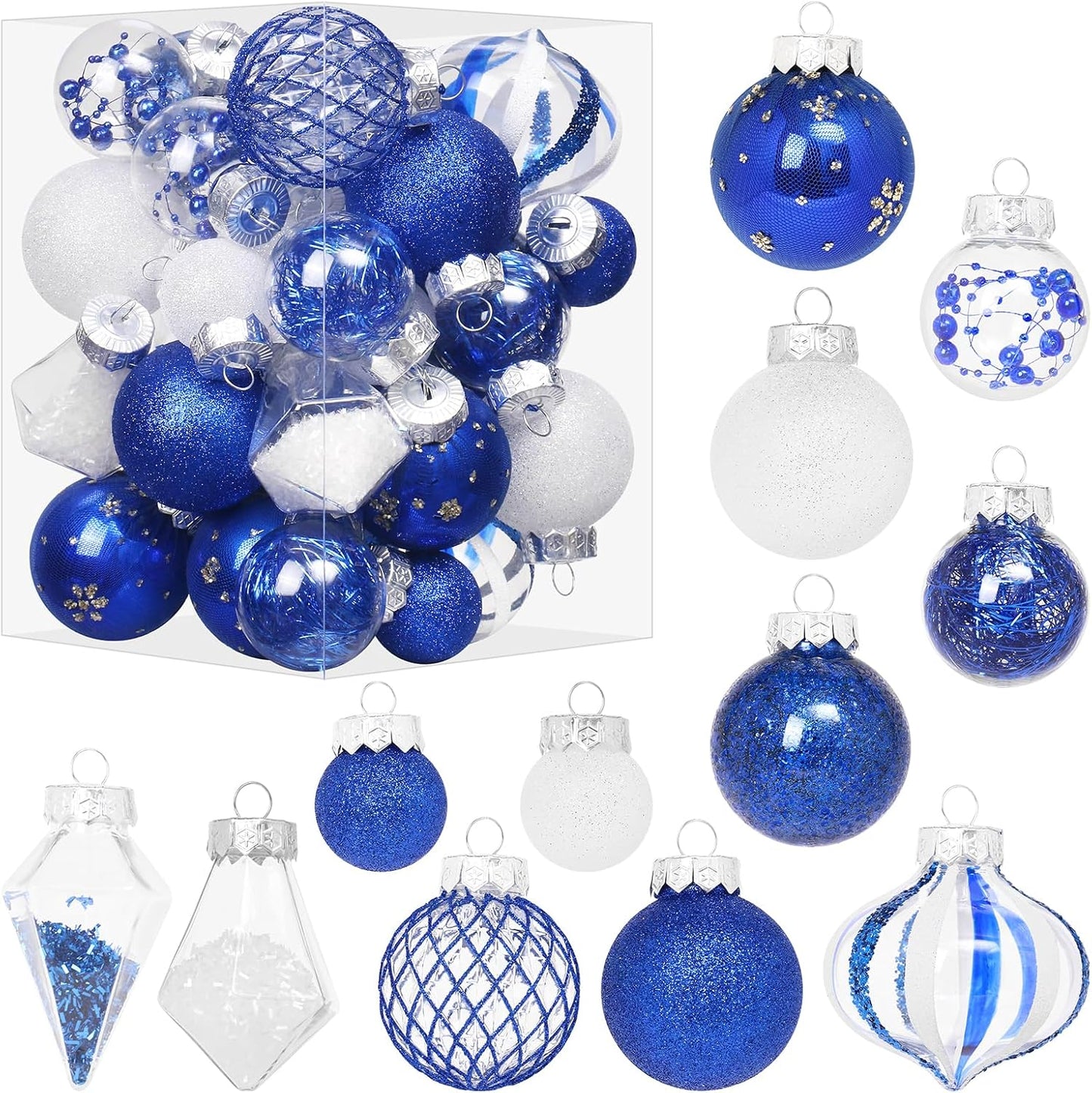 Christmas Ball Ornaments Set, 34PCS Clear Plastic Shatterproof Christmas Ornaments for Xmas Tree Hanging Decorations, for Indoor Home Thanksgiving Winter Party Decor - Blue/White.