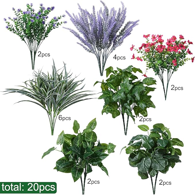 Starttag 20PCS Artificial Plants for Outdoor Decor Realistic Faux Greenery & Flowers Fake Plastic Leaves with Stems UV Resistant Outside Bushes for Garden Patio and Porch