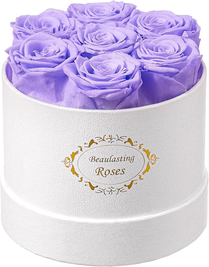 Beaulasting Long Lasting Preserved Roses in a Box Last a Year Forever Flowers for Her Mom Wife Anniversary Birthday (Round White Box, Light Purple Roses)