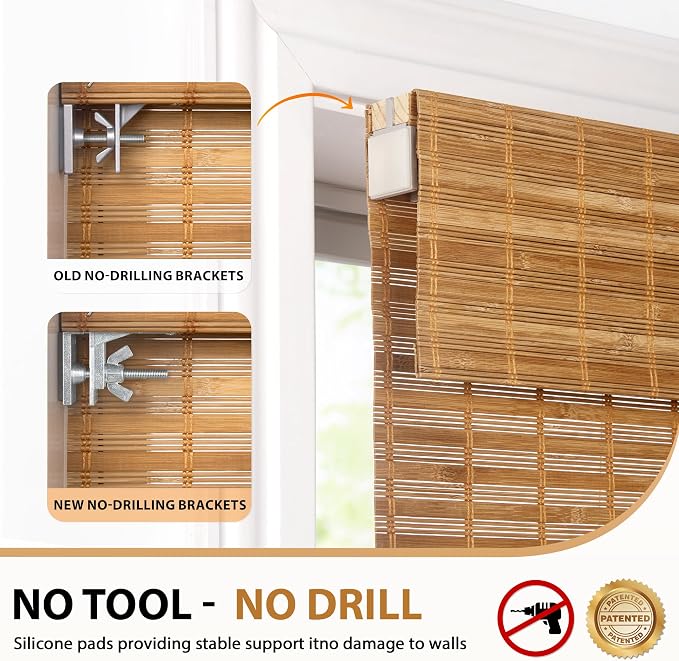 LazBlinds No Drill Bamboo Roman Shades, 29x64, Squirrel | Light Filtering Window Treatment, No Tools Cordless Roll Up Bamboo Blinds for Window