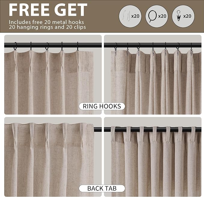 Guken Sand Beige Pinch Pleated Linen Curtains 102 Inch Length 2 Panels for Living Room Bedroom Farmhouse Country Privacy Light Filtering Semi Sheer Back Tab Drapes with Hooks for Dining Room 40x102