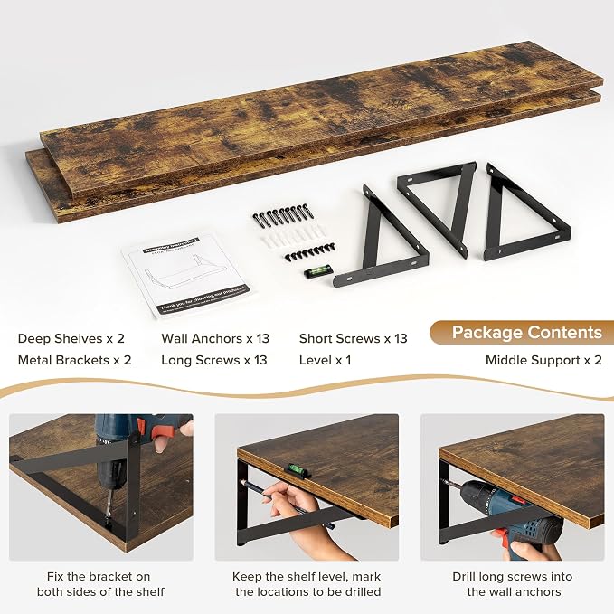 Acovy Deep Floating Shelves Wall Mounted, 55"x12" Brown Wood Shelves with Brackets Set of 2 for Bedroom, Living Room, Bathroom, Kitchen, Office - Storage & Display Shelf for Decor, Books, Plants