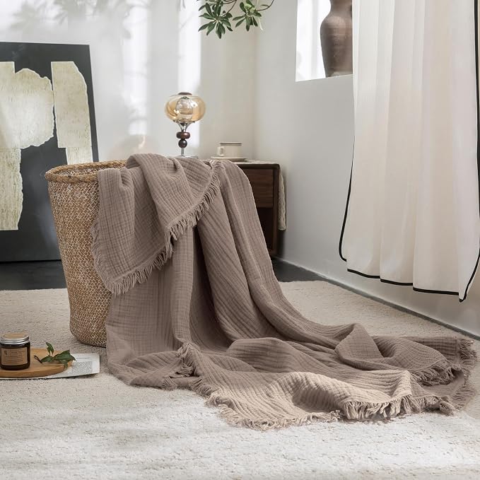 FOSSA Muslin Blanket 4-Layer 100% Cotton Gauze Blanket with Fringe 50"x70" | Super Soft Breathable Lightweight All Season & Decorative Blanket or Bed, Sofa, Office (Pale Brown,Throw XL)