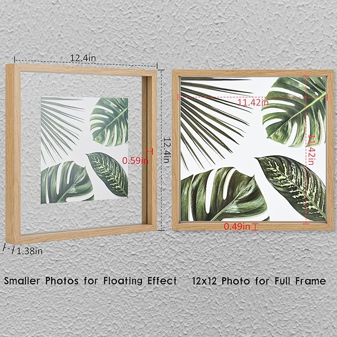 MUYE 12x12 Floating Frame Set of 2,Double Glass Rustic Square Photo Frame,Display Any Size Photo up to 12x12,Wall Mount or Tabletop Standing Natural