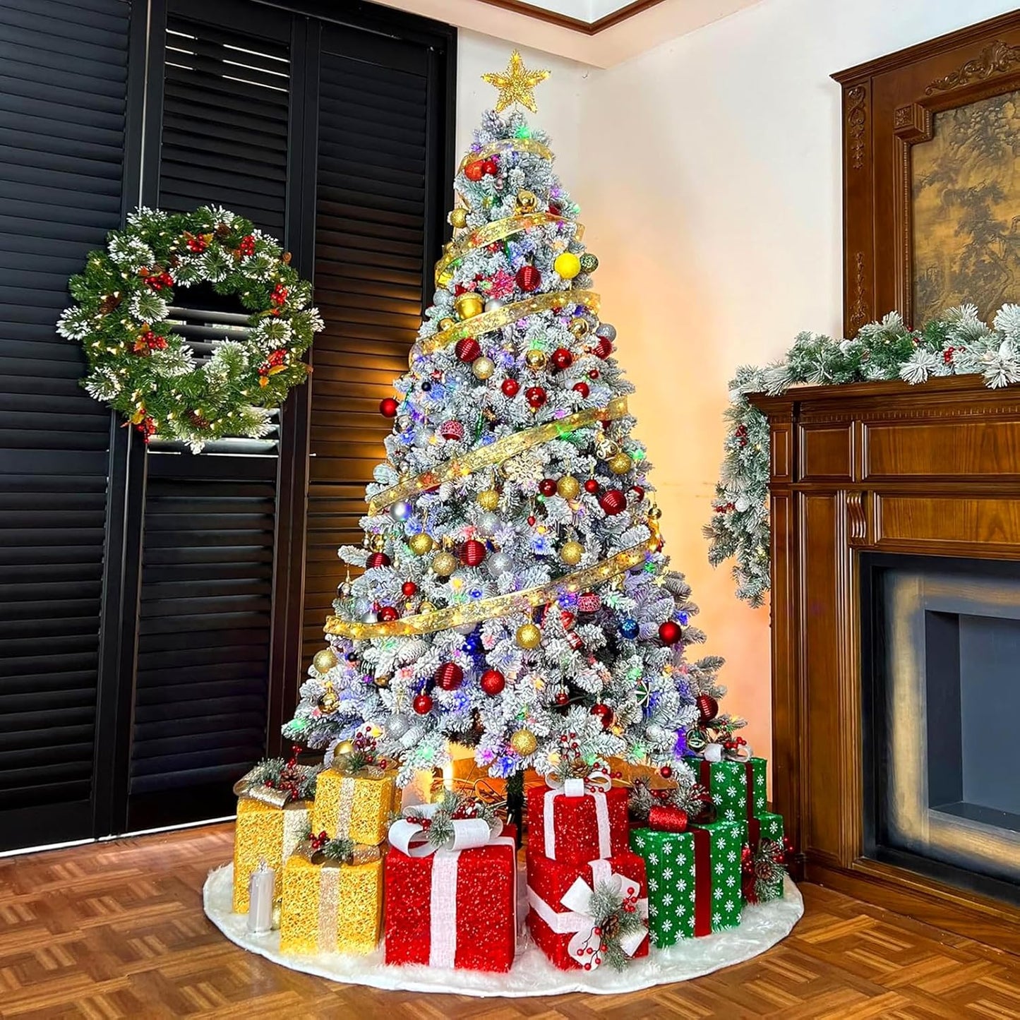 6ft Lighted Artificial Christmas Tree, 250 Multicolor LED Lights, Snow Flocked Christmas Tree with 1032 PVC Tips, Metal Base & Hinged Branches for Holiday, 10 Modes