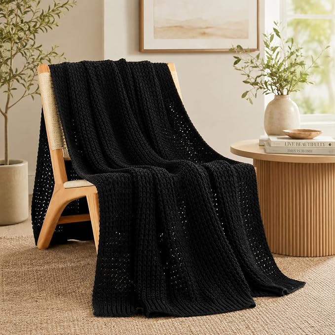 Bunnikins & Clover Black Waffle Knit Throw Blanket, Cozy Stylish Black Blanket for Sofa Bedroom, Home Decor, 50"x60"