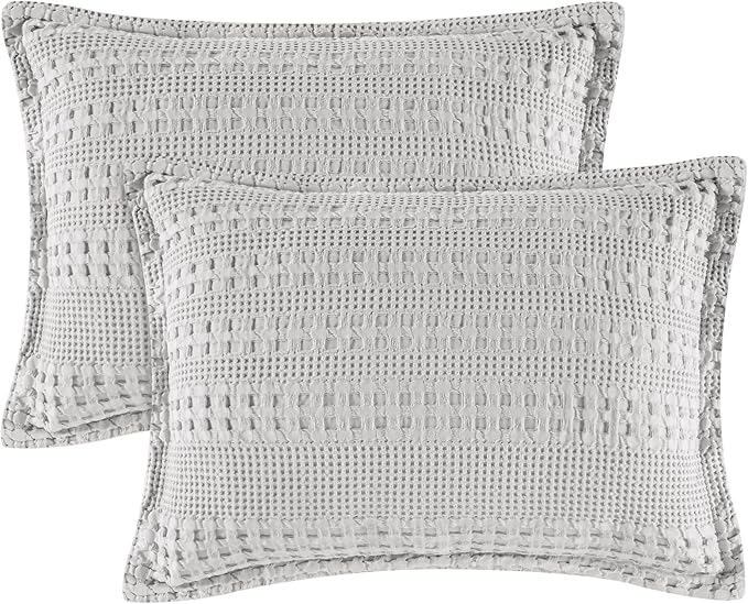 PHF 100% Cotton Ruffle Waffle Pillow Shams King Size, 2 Pack 20" x 36" Soft Skin-Friendly Pillowcases, No Filling, Aesthetic Home Decor, Breathable Waffle Weave Bed Pillow Covers, Light Grey