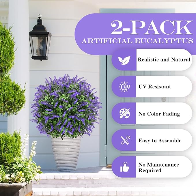 FAJUNZH Artificial Topiary Bushes for Outdoors with Spike, Boxwood Ball Fake Shrubs UV Resistant Faux Plants for Indoor Outdoor Fall Thanksgiving Halloween Decor (Lavender Boxwood Purple-2 Packs)