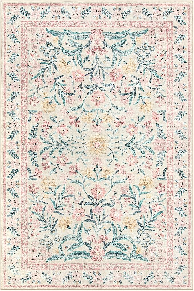 Wonnitar Washable Area Rug 6x9, Pink Floral Rugs for Bedroom Girls Soft Living Room Carpet Ultra-Thin, Boho Non Slip Non-Shedding Pastel Nursery Carpet for Kids Room Playroom Dorm