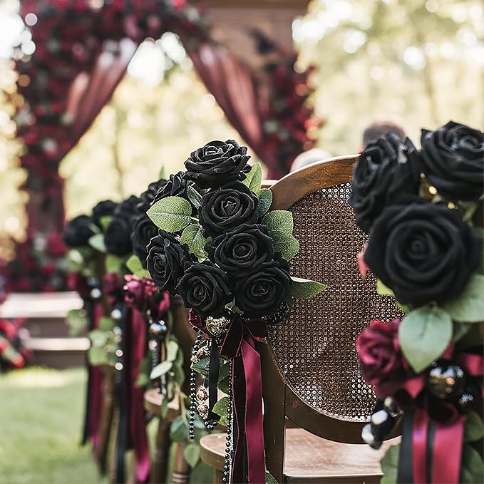 Auihiay 104PCS Black Roses, Realistic Silk Velvet Fake Roses, Vivid Artificial Black Rose Bouquet for Gothic Wedding, Bridal Bouquet, Party Backdrop, Home Decor, Valentine's Day, DIY Floral Crafts