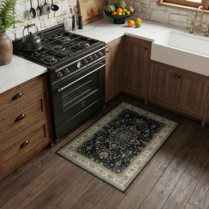 RELEANY Area Rugs 3'x4' Washable Non-Slip, Floral Vintage Distress Print Pattern Medallion Carpet for Living Room Bedroom Dining Room, Vintage Black Brown Neutral