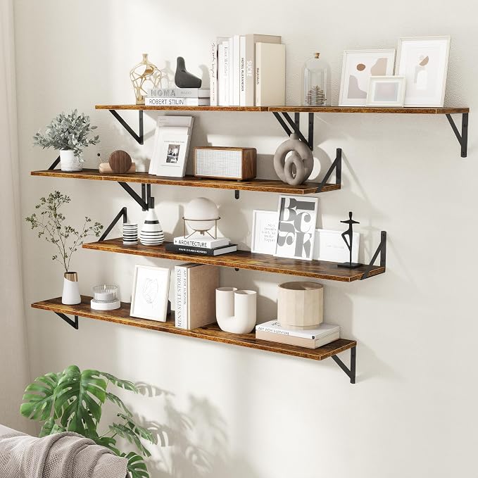 Acovy Floating Shelves for Wall,48" Wx8 D Wood Wall Shelves,Hanging Storage Floating Shelf with Metal Brackets,Wide Floating Bookshelf for Living Room,Office,Bedroom,Bathroom,Set of 2,Rustic Brown