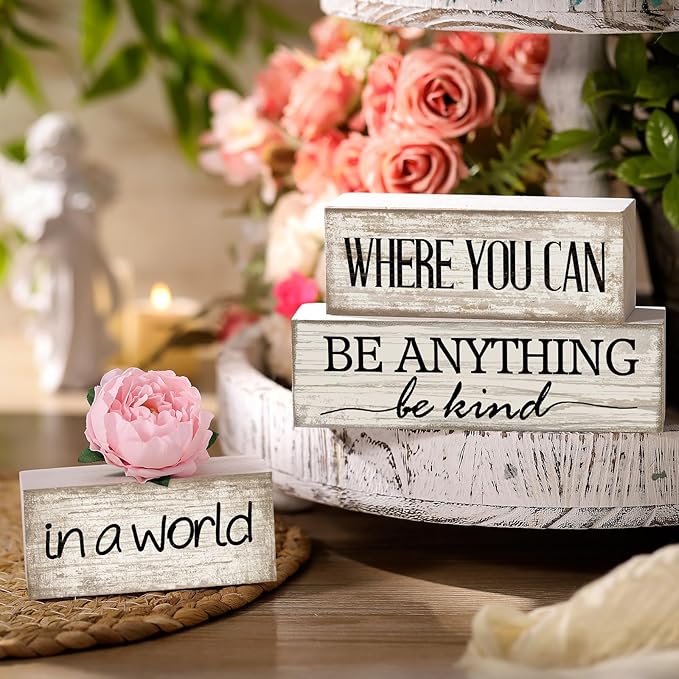 Yuntau 4 Pcs Farmhouse Flower Wooden Tabletop Decor Farmhouse Tiered Tray Decor Rustic Faux Decorative Wood Block Sign Inspired Gift Centerpiece Table sign for Home Shelf Supplies