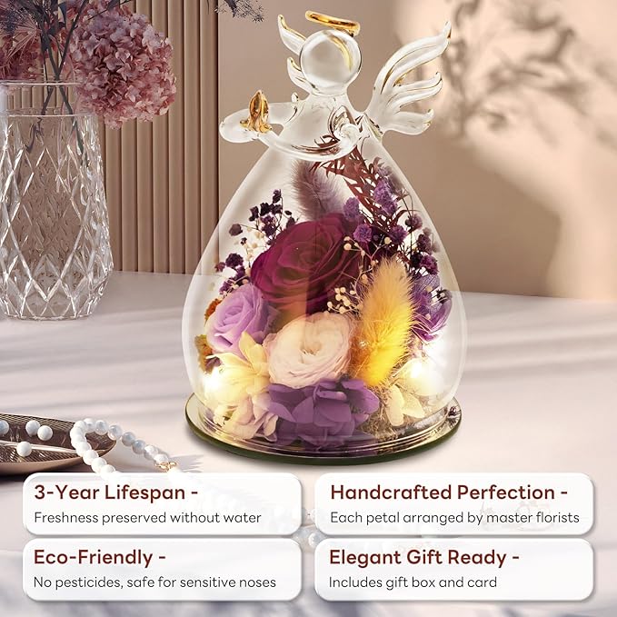 Purple Preserved Rose Glass Angel Gifts for Grandma Nana Mother in Law, Real Flower Birthday Retirement Presents for Older Women Aunt