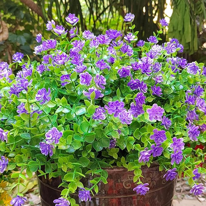Grunyia 12 Bundles Artificial Flowers for Outdoors, UV Resistant Fake Flowers with Plastic Plants, Faux Flowers for Outside Window Box Front Porch Hanging Planter Decor (Purple)