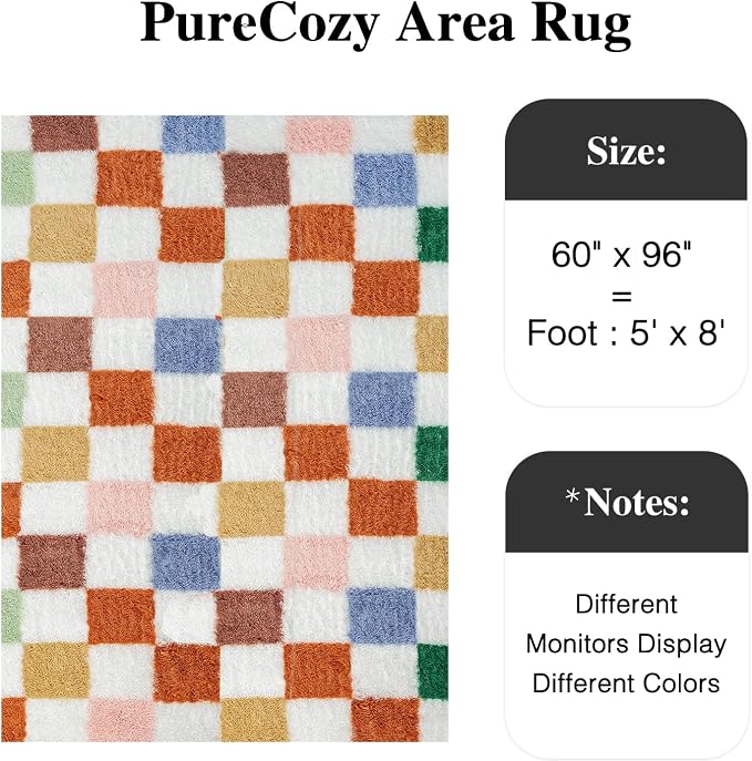 PureCozy Checkered Rug 5x8 for Living Room, Modern Neutral Shag Rug Super Soft Washable Indoor Fuzzy Carpet Non-Slip Fluffy Rugs for Bedroom Home Aesthetic Decor