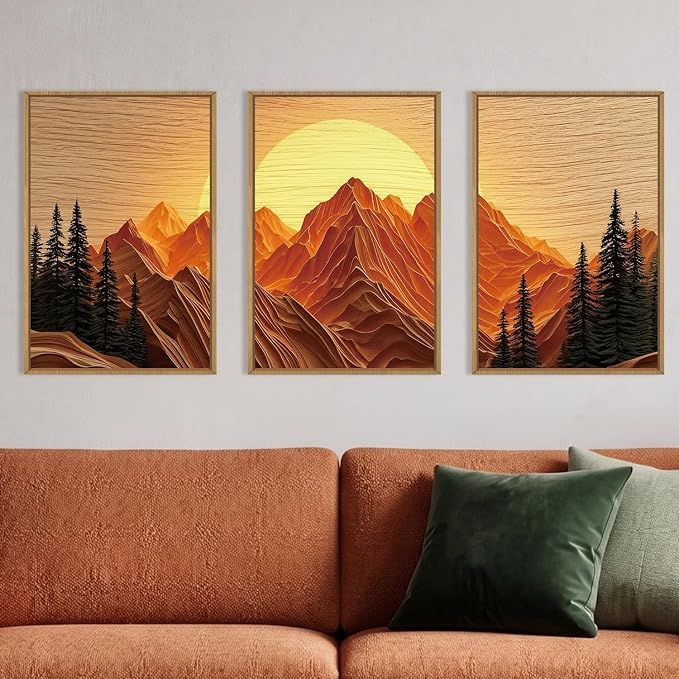 Large Boho Golden Mountain Framed Canvas Wall Art Set, Abstract Ridge Sunset Landscape Wall Decor, Natural Wooden Pine Tree Scenery Artwork for Living Room,Bedroom,Office-24 x36 x3