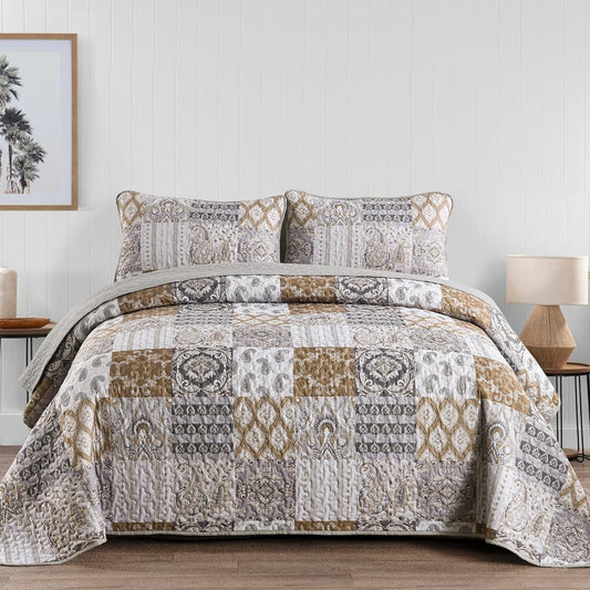 WONGS BEDDING Brown Quilt Set King Size, Patchwork Plaid Bedspread Bedding Sets Paisley Soft Microfiber Quilts for King Bed 3 Pieces Coverlet Set for All Season (104"x90")