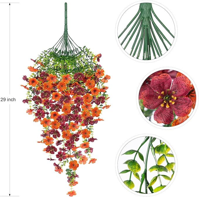 Ammyoo Artificial Hanging Flowers for Outdoors Fake Plants Decoration, 2 Packs Faux Silk Daisy Flower Realistic Outdoor Flowers UV Resistant Porch Patio Window Yard Indoor Spring Decor(Orange Brown)