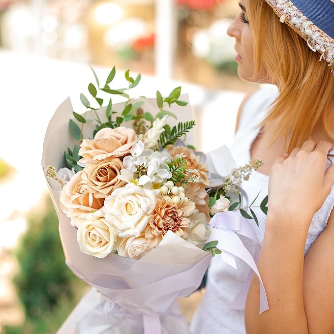 Artificial Flowers Combo Box, 31PCS Fake Flowers, Silk Flower Mix with Wire Stem, DIY Wedding Bridal Bouquet for Arrangement, Shower Party Home Décor, Champagne & Ivory Mix