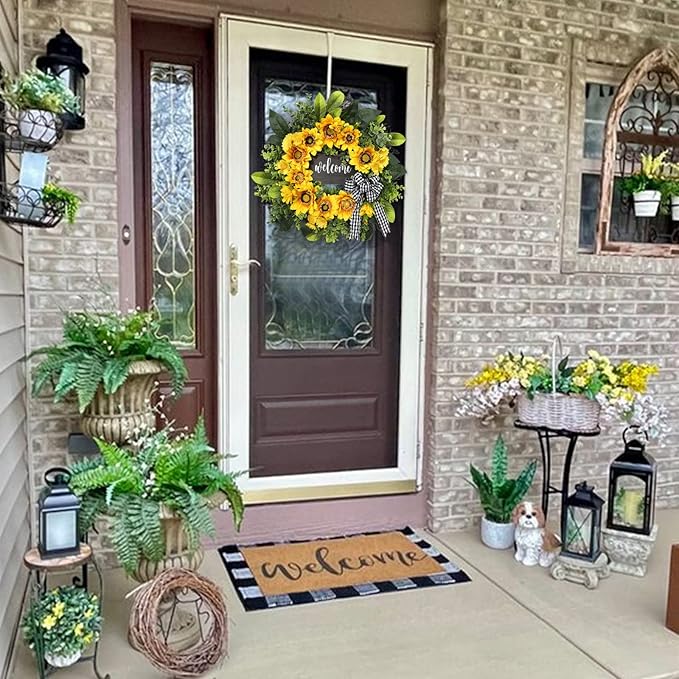 sunflower wreath with welcome,spring summer wreath for front door, unique housewarming gift,mother'day gift,farmhouse porch decor,sunflower wall decor,wedding favors,year round wreaths-20inch