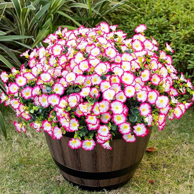 Nigirior Artificial Faux Flowers for Outdoor 16 Bundles Boxwood Fake Morning Glory for Planter,UV Resistant Fake Flowers for Home Porch Patio Outside（Pink）