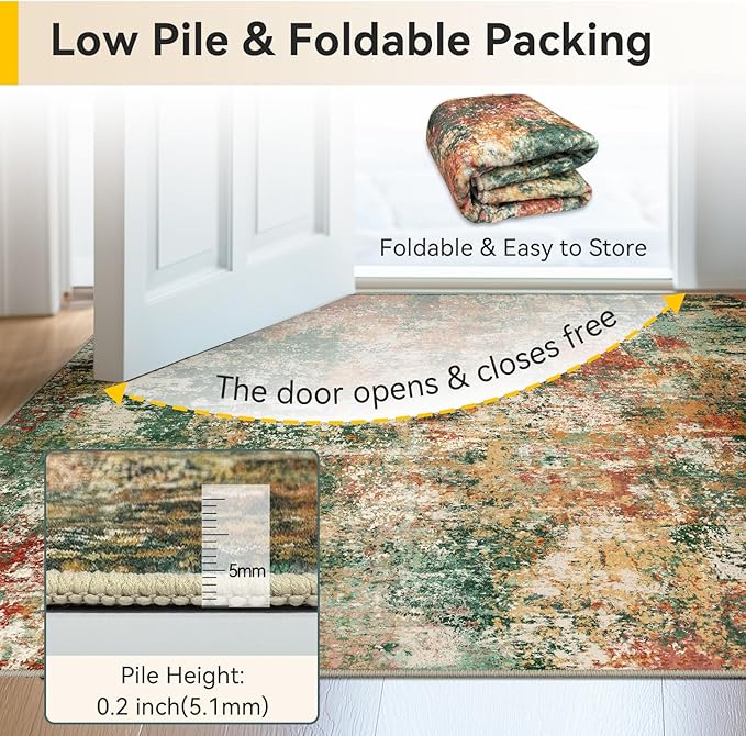 RELEANY Washable Area Rugs 4ft Non-Slip Modern Abstract Soft for Living Room Entryway Bedroom Nursery, Print Pattern, Green Orange Rust Red Cream Colorful