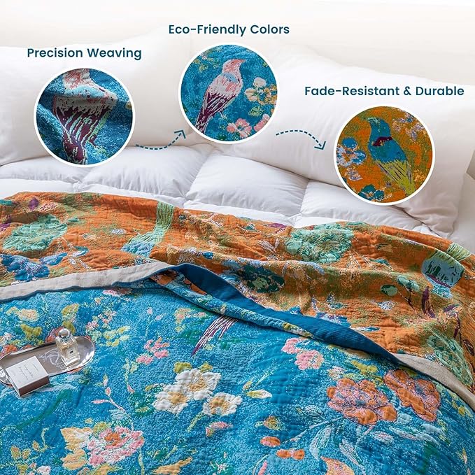 MSGKV Boho Throw Blanket for Couch 50"x60" Cotton Blanket with Floral and Bird Summer Breathable Lightweight Farmhouse Decorative Blankets for Sofa Muslin All Seasons