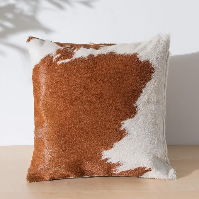 ecowhides 100% Genuine Brazilian Cowhide Pillow Cover – Brown and White – Double-Sided – Luxury Leather Decorative Cushion for Rustic & Western Home Décor – 20” x 20”