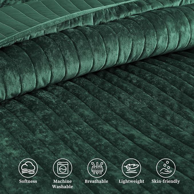 Luxury Soft Velvet Quilt Set King Size - Lightweight Velvet Bedding Set for All Season, Oversized Bedspread Coverlet Comforter Set with 2 Pillow Shams, Green, Striped