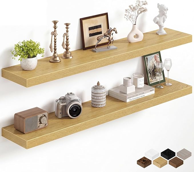 Fun Memories 48Inch Floating Shelves for Wall, 8 Inch Deep Shelves for Bathroom|Bedroom|Kitchen, Large Wall Mounted Wood Hanging Shelf with Invisible Brackets for Home Storage Decor, Oak - 2 Pack
