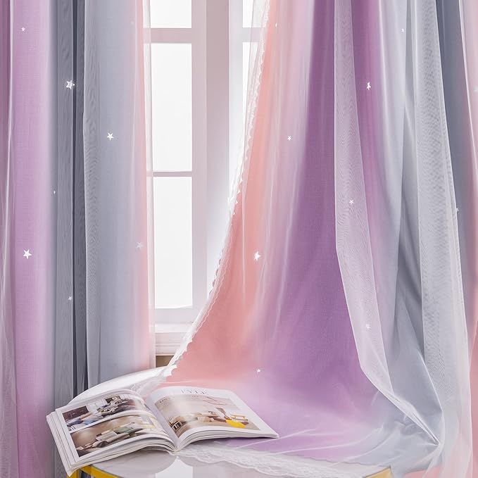 XiDi Ombre Blackout Curtains for Girls Bedroom Kids Room Unicorn Princess Theme Home Decor 72 inches Length Grey/Pink/Purple, W34 X L72 2 Panels
