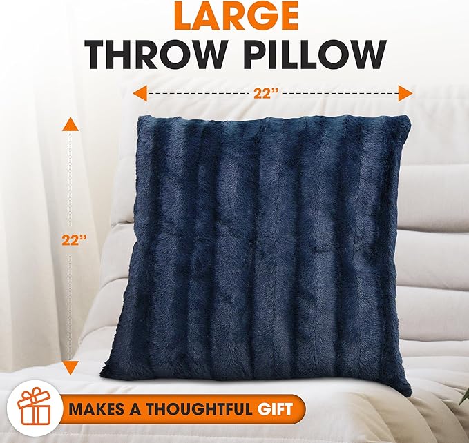 Cheer Collection Faux Fur Throw Pillows - Decorative Pillows for Couch, Bed Throw Pillows, Blue Accent Pillows for Bedroom or Living Room Aesthetic, Set of 2 Furry Throw Pillows, 22" x 22"